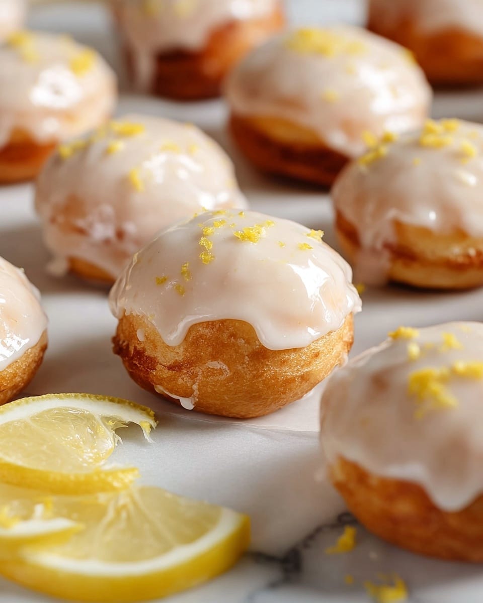 The image shows small round lemon glazed doughnut holes placed on white parchment paper over a white marbled surface. Each doughnut hole has one smooth, shiny layer of pale white glaze covering the top with a few yellow lemon zest sprinkles scattered over them. The doughnut holes are golden brown on the bottom and mostly covered by the glaze. In the foreground, there is a small piece of lemon wedge with bright yellow skin and juicy translucent pulp. The depth of field is shallow, making some doughnut holes blurry in the background and focused ones at the center. photo taken with an iphone --ar 4:5 --v 7