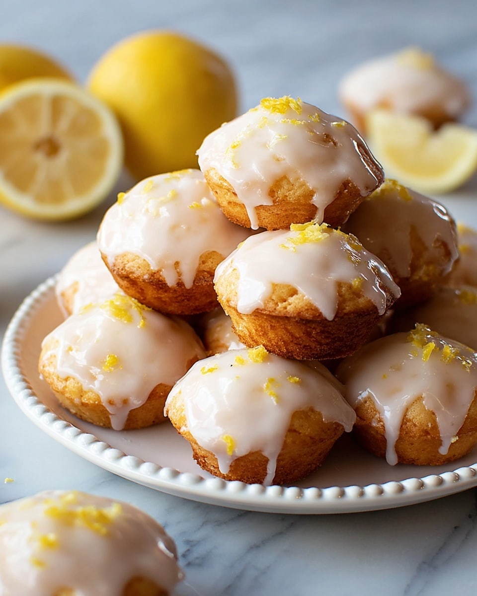 A white plate with a pearl-like edge shows a pyramid of ten round cupcakes, each covered with a smooth white glaze that drips slightly down the sides. The glaze looks shiny and thick, topped with small bits of yellow lemon zest scattered over the cupcakes. In the background on a white marbled surface, there are a few lemon slices and halved cupcakes that match the ones on the plate, all softly blurred. The lighting is bright and natural, highlighting the creamy texture and warm golden color of the cupcakes beneath the glaze. photo taken with an iphone --ar 4:5 --v 7