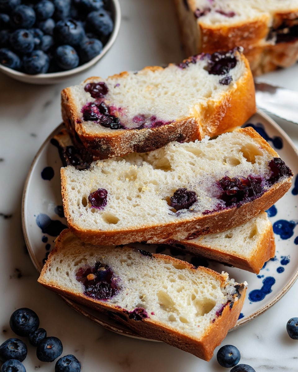 A round loaf of bread with a golden brown crust sits in a black cast iron pot lined with crumpled parchment paper. The bread has a rough texture with some white flour dusted on top and visible dark purple spots from berries spread unevenly throughout the surface. The loaf is slightly cracked and rustic looking. The pot rests on a purple cloth on a white marbled surface. Photo taken with an iphone --ar 4:5 --v 7