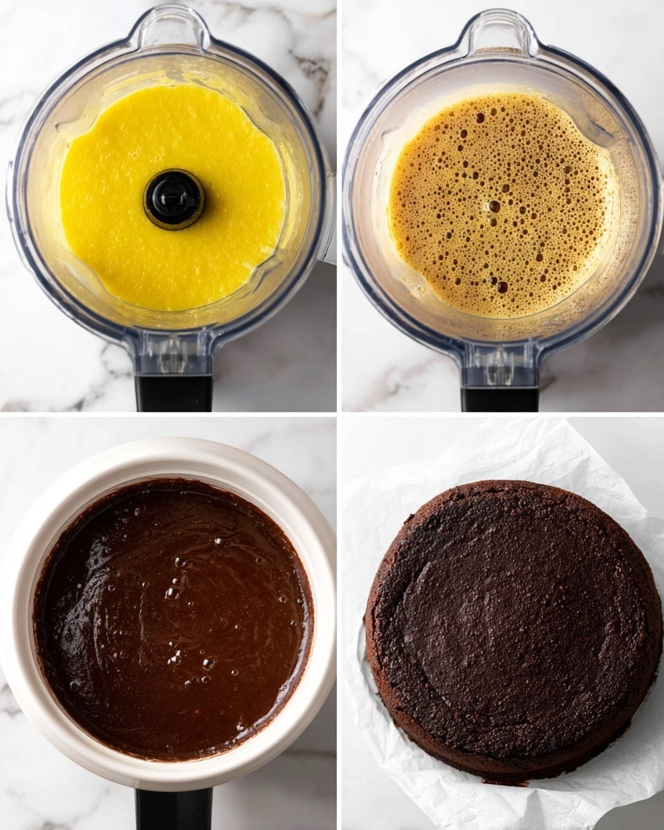 The image shows a four-step process of making a chocolate cake, all placed on a white marbled surface. The top left shows a blender with a thick, bright yellow mixture filling the base, slightly textured but smooth. The top right picture shows the blender filled with a light brown, frothy, bubbly liquid. The bottom left displays a white round cake pan filled with a dark brown, smooth chocolate batter, with some small air bubbles on top. The bottom right shows a fully baked, deep dark brown chocolate cake with a slightly cracked and rough surface sitting on white parchment paper. photo taken with an iphone --ar 4:5 --v 7