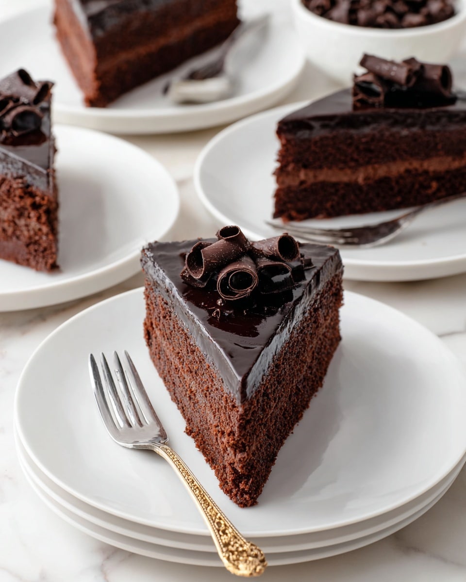 The image shows slices of a dark chocolate cake placed on white plates on a white marbled surface. Each slice has two layers: the bottom layer is a thick, moist, dark brown chocolate cake, and the top layer is a smooth, glossy dark chocolate ganache covering the surface. On top of the ganache, there are several dark chocolate curls arranged in a small pile near the pointed end of the slice. A silver fork with a gold patterned handle lies beside each cake slice on the plate. In the background, there is a white bowl filled with more dark chocolate curls. The overall scene is bright with a clean and simple presentation photo taken with an iphone --ar 4:5 --v 7