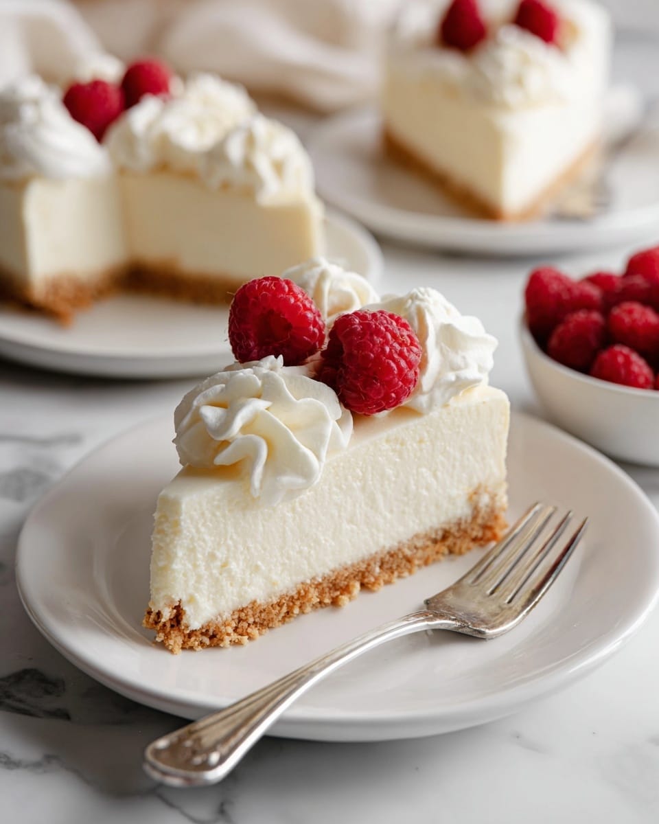 A round creamy white cheesecake sits on a white plate on a white marbled surface. The cheesecake has one smooth layer of cream filling in the center, with a thick border of white whipped cream swirled evenly around the edge. On top of each swirl is a bright red raspberry, making a ring of fresh berries around the cheesecake. In the background, a white bowl filled with more raspberries and a stack of white plates are visible, along with a silver spoon on the right side. photo taken with an iphone --ar 4:5 --v 7
