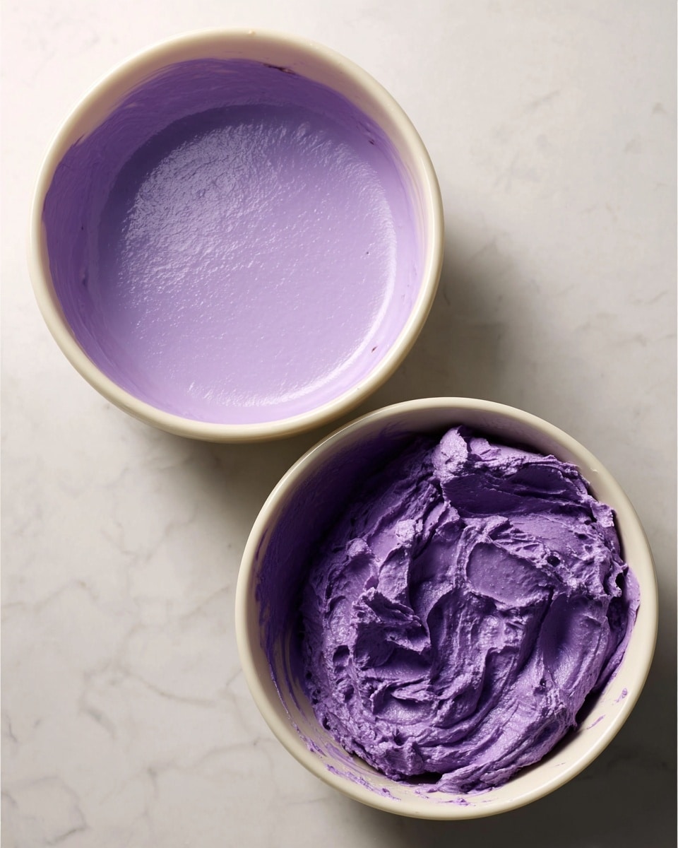 The image shows two white bowls placed side by side on a white marbled surface. The bowl on the left contains a smooth, even layer of light purple liquid with a slightly glossy finish, filling the bowl almost to the top. The bowl on the right holds a thick, textured purple mixture that looks creamy and dense, with uneven peaks and swirls visible on the surface, filling most of the bowl with some of the mixture smeared along the inner sides. photo taken with an iphone --ar 4:5 --v 7