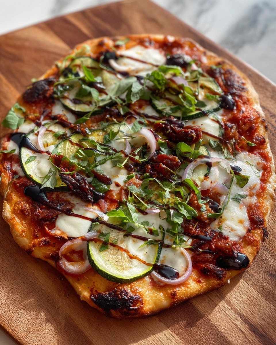 A slice of pizza is held by a woman's hand, showing four main layers: a golden brown crust on the bottom with light charring, topped by a layer of bright orange tomato sauce, a layer of melted white cheese that covers the slice with some slight bubbling, and various toppings including grilled green and yellow zucchini slices, thin red onion rings, chopped dark green spinach leaves, green olive pieces, and sun-dried tomato chunks. Swirls of dark balsamic glaze are drizzled over the toppings for contrast. The rest of the pizza is on a wooden board with small white flowers and a glass in the largely blurred background, all sitting on a white marbled surface. photo taken with an iphone --ar 4:5 --v 7