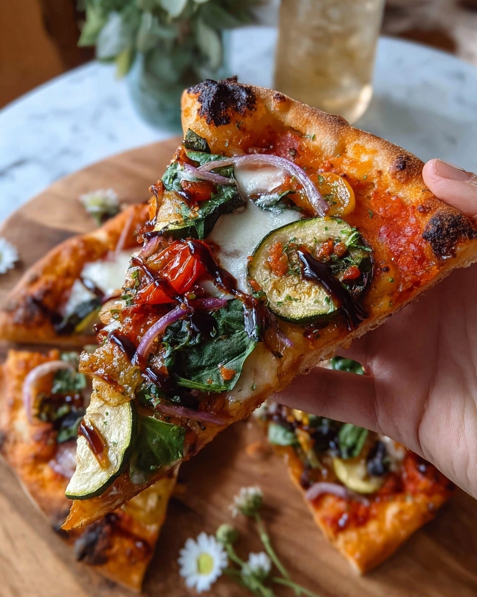 A small round pizza sits on a wooden board with a thin golden crust that is slightly burnt in spots; the first layer is a bright red sauce spread thinly, topped by melted white mozzarella cheese with some browned spots; scattered over the cheese are slices of green zucchini, green olives, thin rings of purple onion, and pieces of sun-dried tomato that add dark red hues; fresh green basil leaves are spread across the pizza, and there is a drizzle of dark balsamic glaze on top. The setting is on a white marbled surface photo taken with an iphone --ar 4:5 --v 7