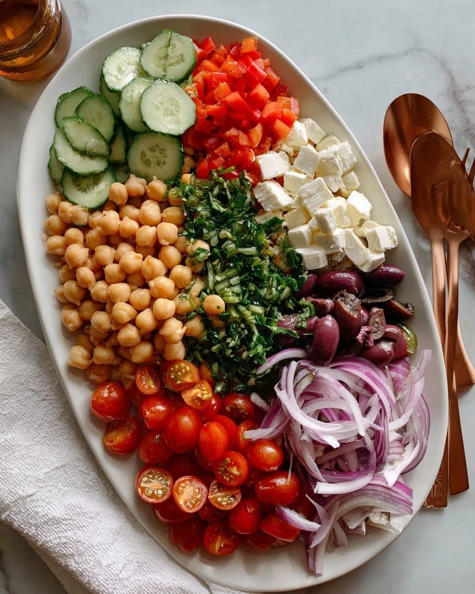A large white oval plate is filled with seven neat layers of fresh salad ingredients arranged side by side without mixing. Starting from the bottom left, there is a layer of whole light beige chickpeas with a smooth texture, next to thinly sliced cucumber rounds showing light green flesh and darker green skin. Above the cucumber are finely chopped bright red bell peppers, followed by a small mound of finely chopped green herbs. On the right side, dark purple sliced olives sit next to white cubed cheese with a blocky texture. Below the cheese, there are halved cherry tomatoes with shiny red flesh, and at the bottom right, thin light purple rings of onion with a translucent look. The plate rests on white marbled surface, with a white cloth napkin and copper colored spoon and fork on the right side. Photo taken with an iphone --ar 4:5 --v 7