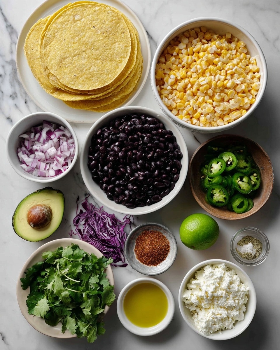 The image shows various ingredients neatly arranged on a white marbled surface. There are six yellow corn tortillas stacked on the top left, a large white bowl filled with fresh yellow corn kernels on the top right, and a large bowl with black beans in the center. Surrounding the center bowl are smaller white bowls holding chopped red onion and green jalapeño, fresh green cilantro leaves, thinly sliced purple cabbage, white sour cream, crumbled white cheese, and a mix of spices including salt, black pepper, paprika, and ground cumin. A halved avocado with its pit is placed on the lower left and a whole lime is on the right side. A small white bowl with olive oil is below the lime. Photo taken with an iphone --ar 4:5 --v 7