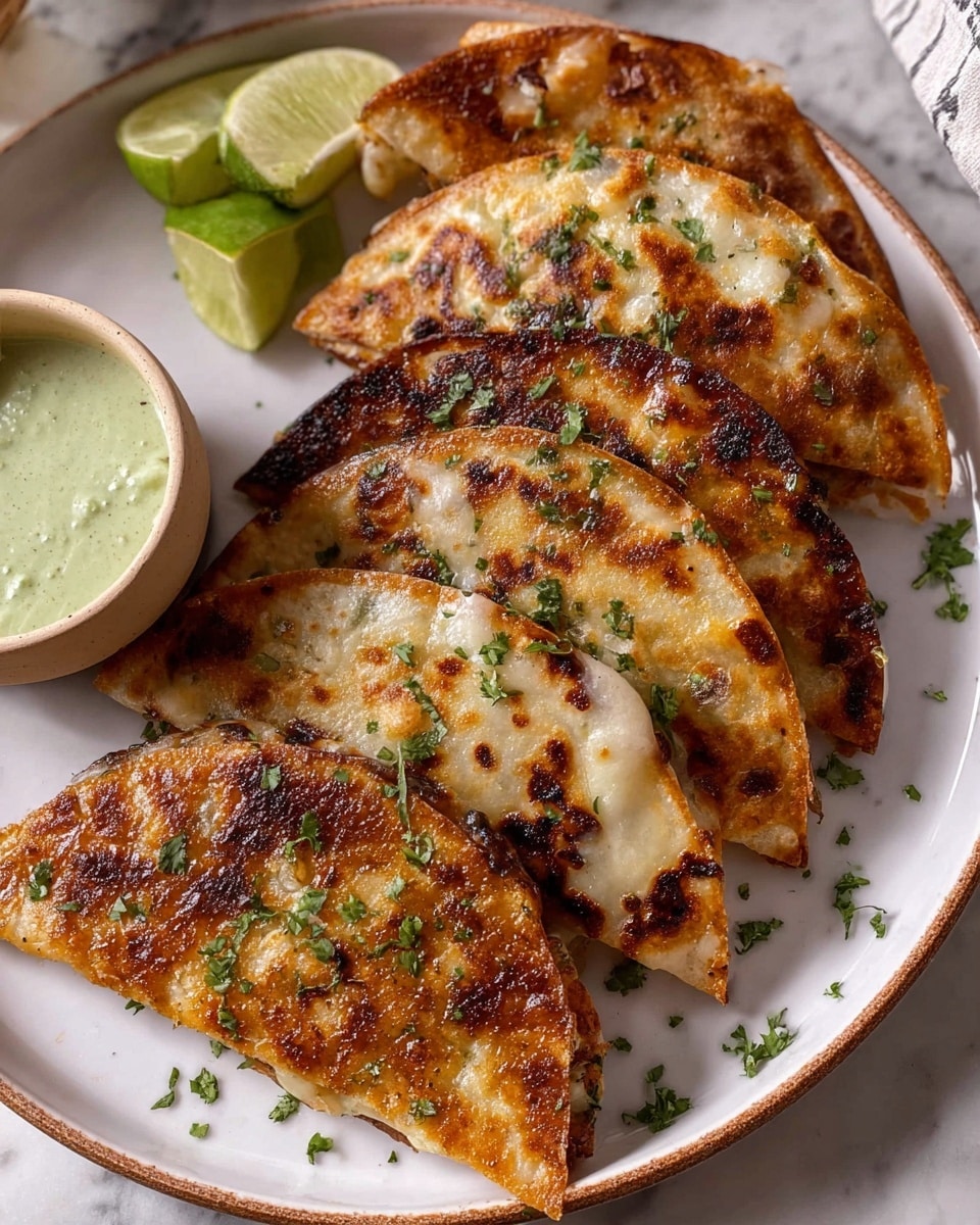 Five half-moon shaped quesadillas are placed on a white plate with a slightly rustic edge. Each quesadilla has a golden-brown crispy outer shell with some darker toasted spots and a soft, slightly bubbling texture. The edges show a darker toasted crust with some melted filling peeking through. Small green herb pieces, likely cilantro, are sprinkled over all the quesadillas, adding contrast to the golden tones. Next to the quesadillas, a small beige bowl contains a green creamy sauce with a smooth texture. The plate sits on a white marbled surface, and near the bottom right, there is a wedge of lime partly visible. Photo taken with an iphone --ar 4:5 --v 7