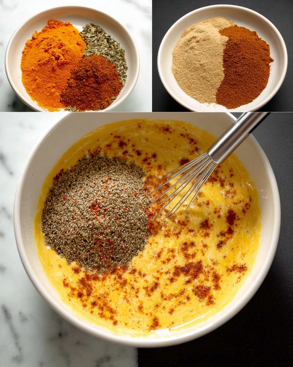 A white bowl holds an orange liquid base with five separate spice piles on top: bright orange turmeric on the upper left, light tan powder on the upper right, dark brown paprika on the lower left, a large mound of speckled black and white mustard seeds covering the bottom center, and a small pile of black pepper in the middle. The second image shows the same bowl with the spices fully mixed into the liquid, creating a creamy yellow mixture speckled with fine reddish and black particles, while a metal whisk stirs the mix. The bowl sits on a white marbled surface. photo taken with an iphone --ar 4:5 --v 7
