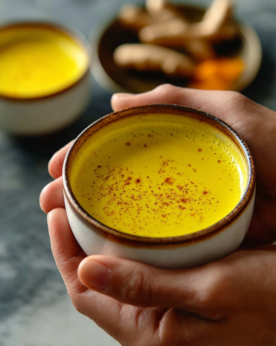 A close-up view of a bowl held by woman's hands, filled with a smooth, bright yellow drink that has small specks of spice on the surface. In the background, out of focus, there is another similar bowl also filled with the yellow drink, along with blurry shapes that resemble curved yellow roots or turmeric. The bowl is white with a rustic brownish rim, and the scene sits on a white marbled surface. photo taken with an iphone --ar 4:5 --v 7