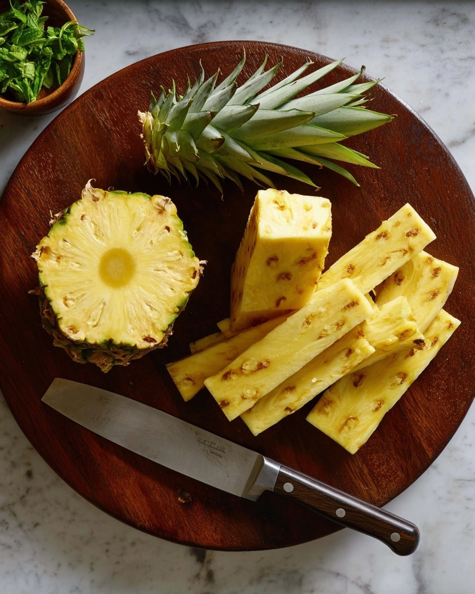 A clear glass bowl filled with a smooth, bright yellow-orange liquid, likely a juice or broth, sits on a white marbled surface. A woman's hand holds a shiny metal ladle, dipping it into the liquid at the center of the bowl. Behind the bowl, a whole pineapple with green, pointed leaves and a textured green and yellow skin stands upright. Around the bowl on the white marbled surface are fresh ginger roots, two whole lemons, a cinnamon stick, and some green herbs. The background includes a soft blue cloth adding subtle color and texture. Photo taken with an iphone --ar 4:5 --v 7