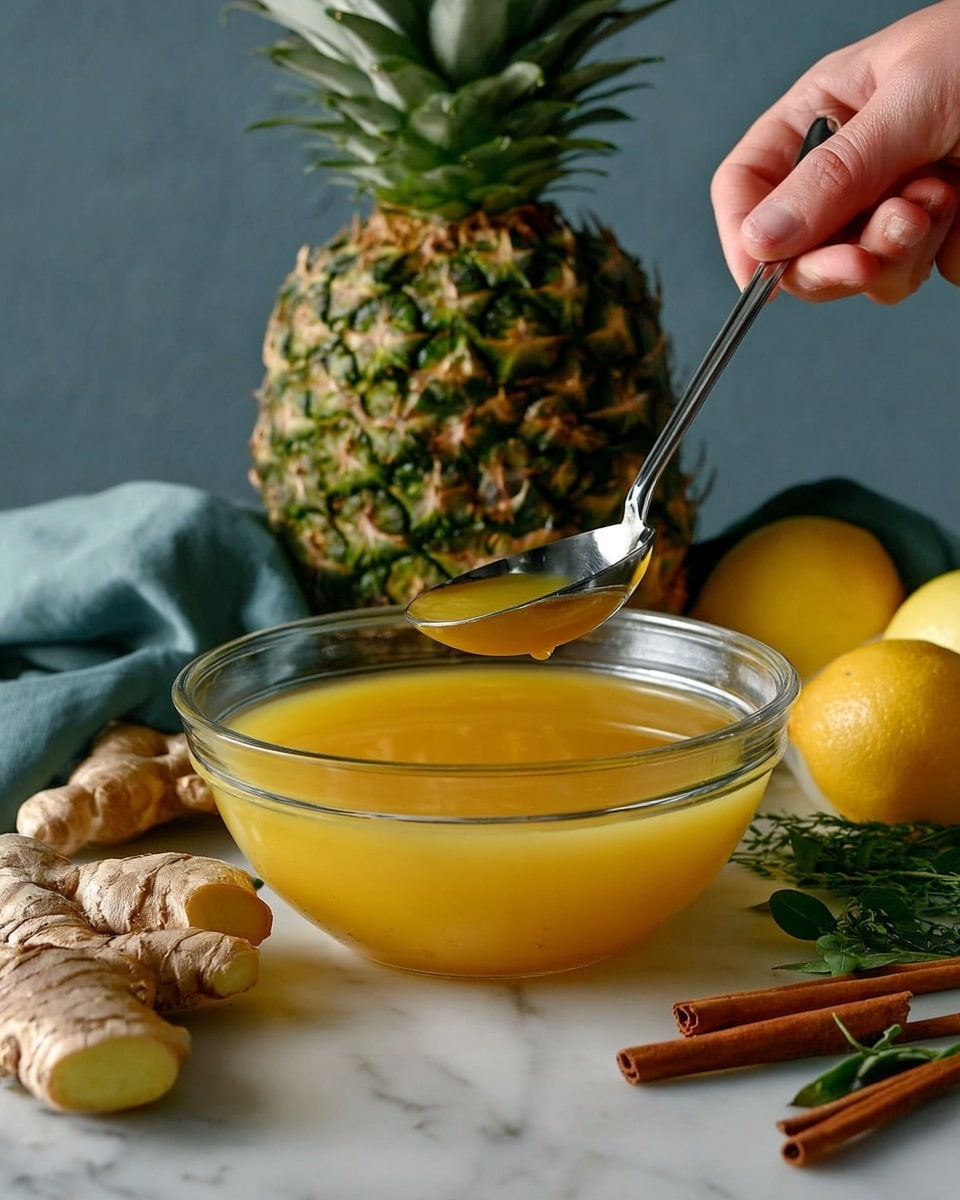 Two clear glass mugs hold a bright yellow pineapple drink with ice cubes visible inside. One mug is in the front, filled and having a triangular pineapple slice with textured tan and yellow skin placed on its rim. A woman's hand pours the drink from a glass bottle over the first mug, mid-pour, with the second mug slightly blurred in the background, also garnished with a pineapple slice. Behind them is a whole pineapple with rough skin, set against a white marbled surface. The warm light highlights the yellow colors and reflections on the glass. photo taken with an iphone --ar 4:5 --v 7