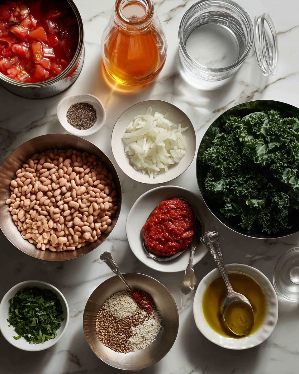 The image shows ingredients arranged on a white marbled surface. There are five metal bowls holding light pink beans, raw wheat grains, chopped white onions, and dark green kale leaves. A small white bowl holds mixed spices including salt, black pepper, and red chili flakes. Two silver spoons hold red tomato paste and minced garlic. Surrounding these are a clear glass of water, a jar and a small bowl with an orange liquid, a small white bowl of olive oil, and two smaller white bowls with chopped green herbs and a pale powder. An open canned tomato with red pieces is also visible on the top left. photo taken with an iphone --ar 4:5 --v 7