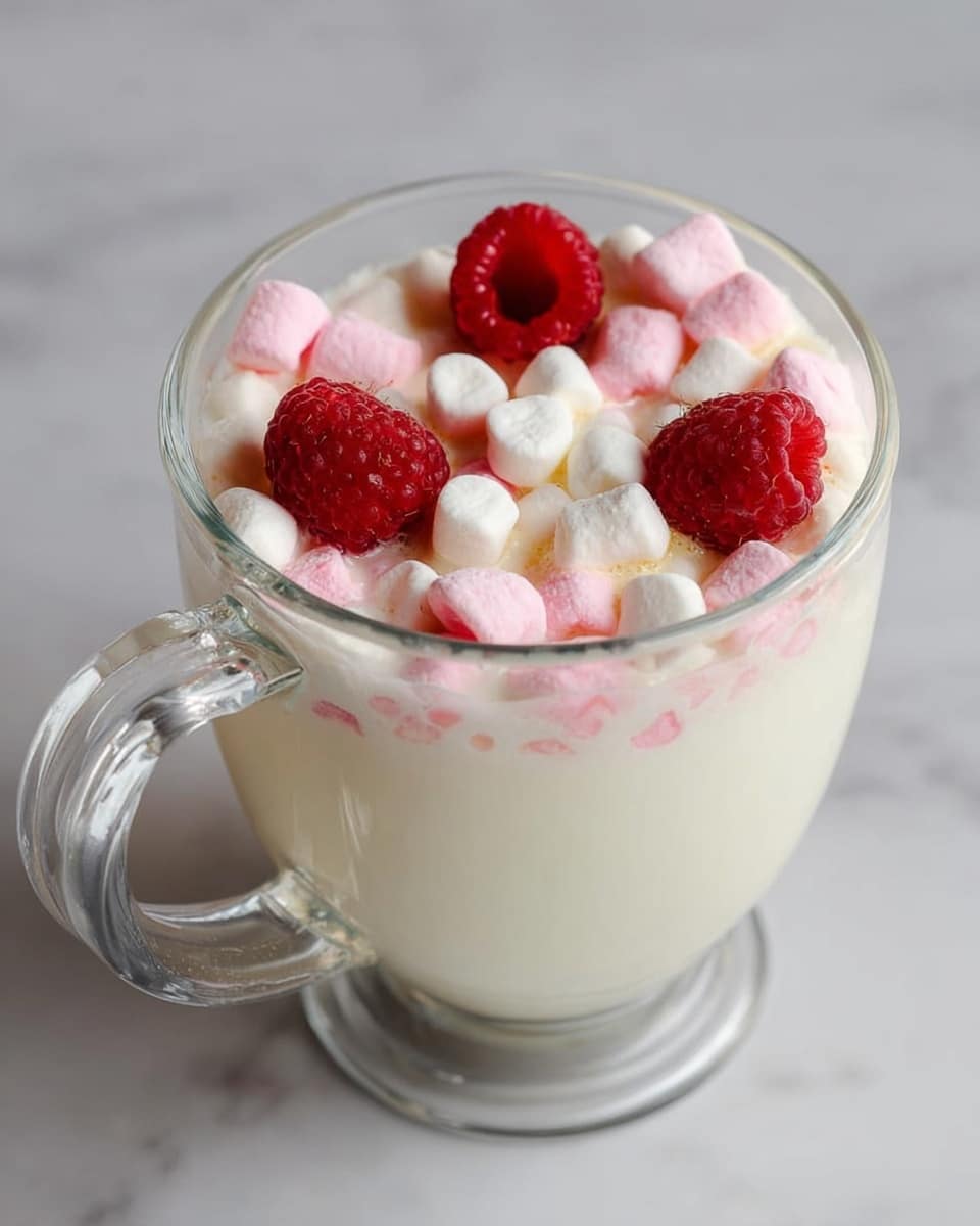A clear glass cup filled with a creamy white drink makes up the base layer, topped with a mix of small white and pale pink mini marshmallows covering the surface. On top of the marshmallows, there are three bright red raspberries placed evenly. The clear handle of the glass is visible on the left side. The cup sits on a white marbled surface. photo taken with an iphone --ar 4:5 --v 7