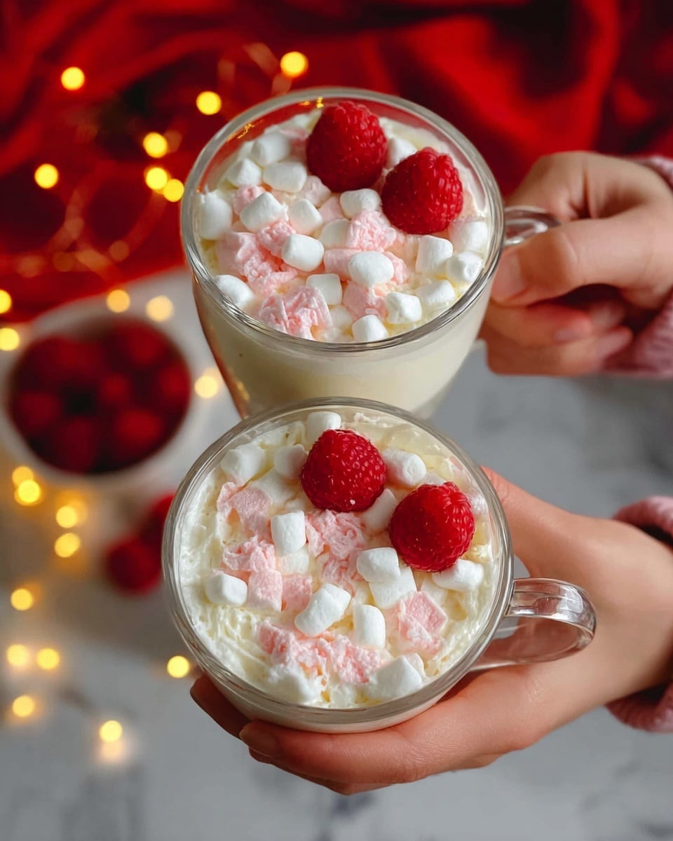 Two clear glass mugs are filled with a creamy white drink topped with many small white and pink marshmallows. Each mug has three bright red raspberries placed on top of the marshmallows. Two woman's hands are holding the mugs by their handles. The mugs sit on a white marbled surface with soft yellow fairy lights and a red cloth in the background, adding a cozy feel. Photo taken with an iphone --ar 4:5 --v 7