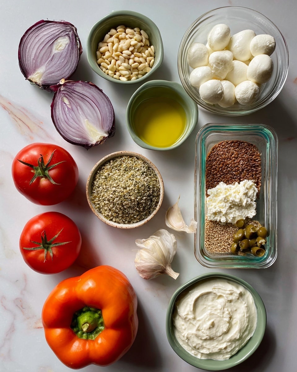 The image shows several ingredients arranged neatly on a white marbled surface. There is one whole orange bell pepper at the bottom left, and next to it are three Roma tomatoes scattered around. In the center-left, a halved red onion displays its purple layers. A small green bowl holds fresh white mozzarella balls above the onion, and to its right, a small white bowl contains yellow olive oil. Another small green bowl to the right contains pine nuts. In the middle, a clear glass bowl holds thick white yogurt. To the far right is a jar filled with marinated artichoke hearts in oil. Below, a rectangular clear glass container holds a mix of dry ingredients: green hemp seeds, white flour with a small mound of baking powder on top, and brown flax seeds, arranged from left to right. A small green bowl with white cottage cheese is placed at the bottom right. Two garlic cloves are near the top left of the image. photo taken with an iphone --ar 4:5 --v 7