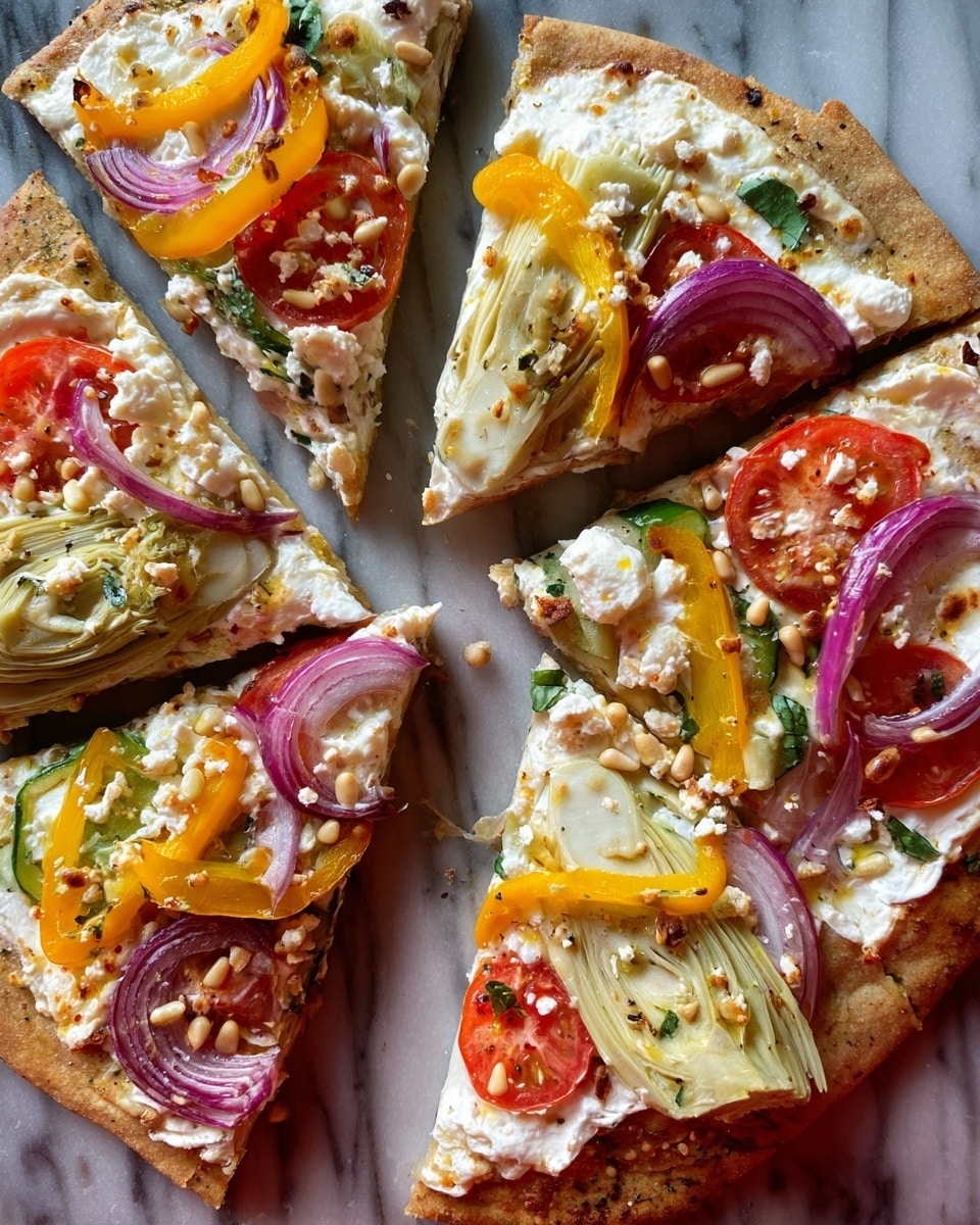 A pizza cut into six slices lays on a white marbled surface, showing a thin, light brown crust. The base is covered with a layer of white creamy sauce, topped with bright yellow bell pepper strips, smooth light green artichoke hearts, and thin rings of purple onion. There are round slices of red tomato scattered evenly, along with small white cheese crumbles and golden toasted pine nuts sprinkled on top. The colors and textures are fresh and varied, creating a vibrant and appealing look. Photo taken with an iphone --ar 4:5 --v 7