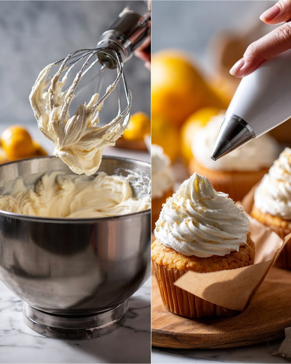 The image shows two scenes side by side. On the left, a metal bowl of a mixer is filled with thick, creamy white frosting, with some of it clinging to the metal whisk attachment suspended above the bowl. In the background, there are yellow and white lemon halves softly blurred. On the right, a woman's hand holds a piping bag with white frosting, carefully adding a smooth, swirled layer of frosting on top of a golden cupcake wrapped in brown parchment paper. Two more cupcakes with similarly swirled frosting are blurred in the background on a wooden surface. The whole scene is set on a white marbled texture. photo taken with an iphone --ar 4:5 --v 7