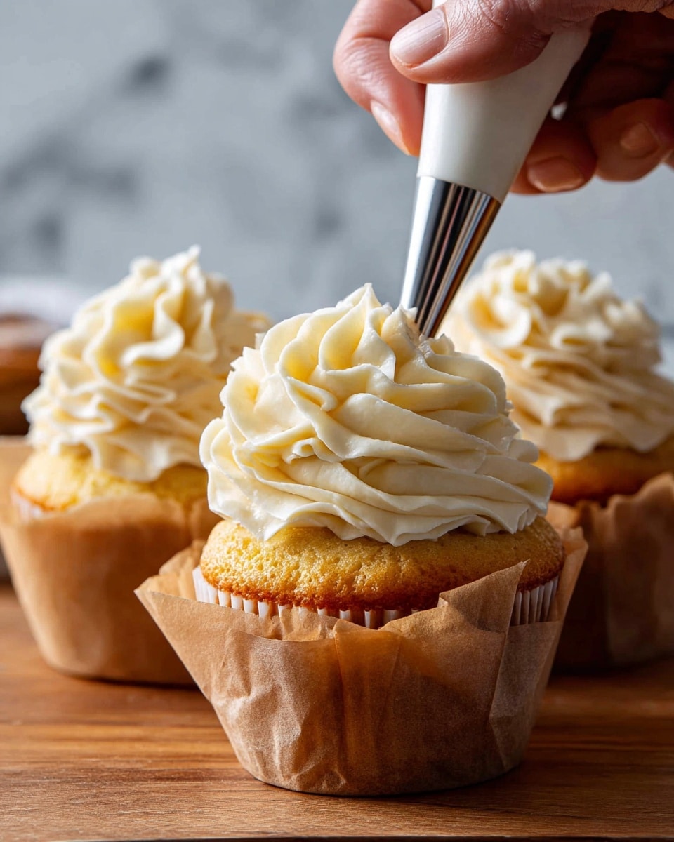 Three yellow cupcakes sit on a wooden board with light brown paper wrappers that fold up around each cupcake. The front cupcake is getting a swirl of soft, creamy white frosting from a piping bag held by a woman's hand at the top right of the image. The frosting forms thick, smooth, wavy layers that build up into a peak on each cupcake. The background is softly blurred with a hint of a white marbled texture. photo taken with an iphone --ar 4:5 --v 7