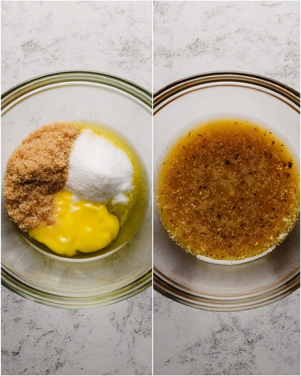 A clear glass bowl sits on a white marbled surface with two images side by side. On the left, there are three layers inside the bowl: a pile of light brown sugar on the top right, a mound of white granulated sugar on the bottom left, and melted yellow butter filling the rest of the space with a glossy texture. On the right, the same bowl shows the mixture fully blended into a smooth, golden-brown liquid with tiny specks scattered throughout. Photo taken with an iphone --ar 4:5 --v 7