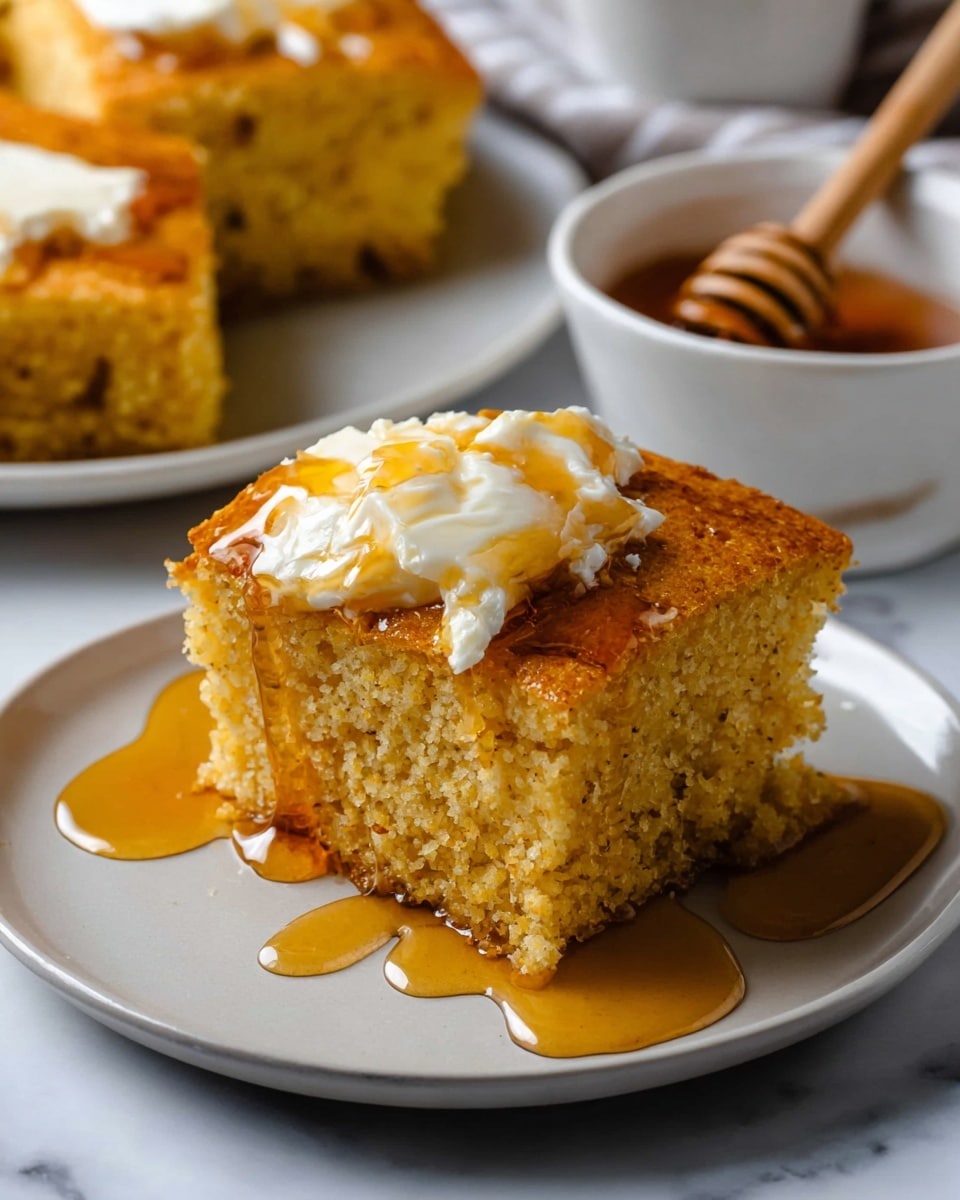 The image shows three square pieces of moist golden cake stacked on a white plate with a white marbled surface beneath. Each cake piece has a light, crumbly texture with tops covered by a small layer of white creamy frosting. Thick golden honey is slowly dripping from the top cake piece onto the others and pooling on the plate. A wooden honey dipper lies to the side on the plate, partially resting in the honey. The scene looks warm and inviting, highlighting the soft cake and shiny honey. Photo taken with an iphone --ar 4:5 --v 7