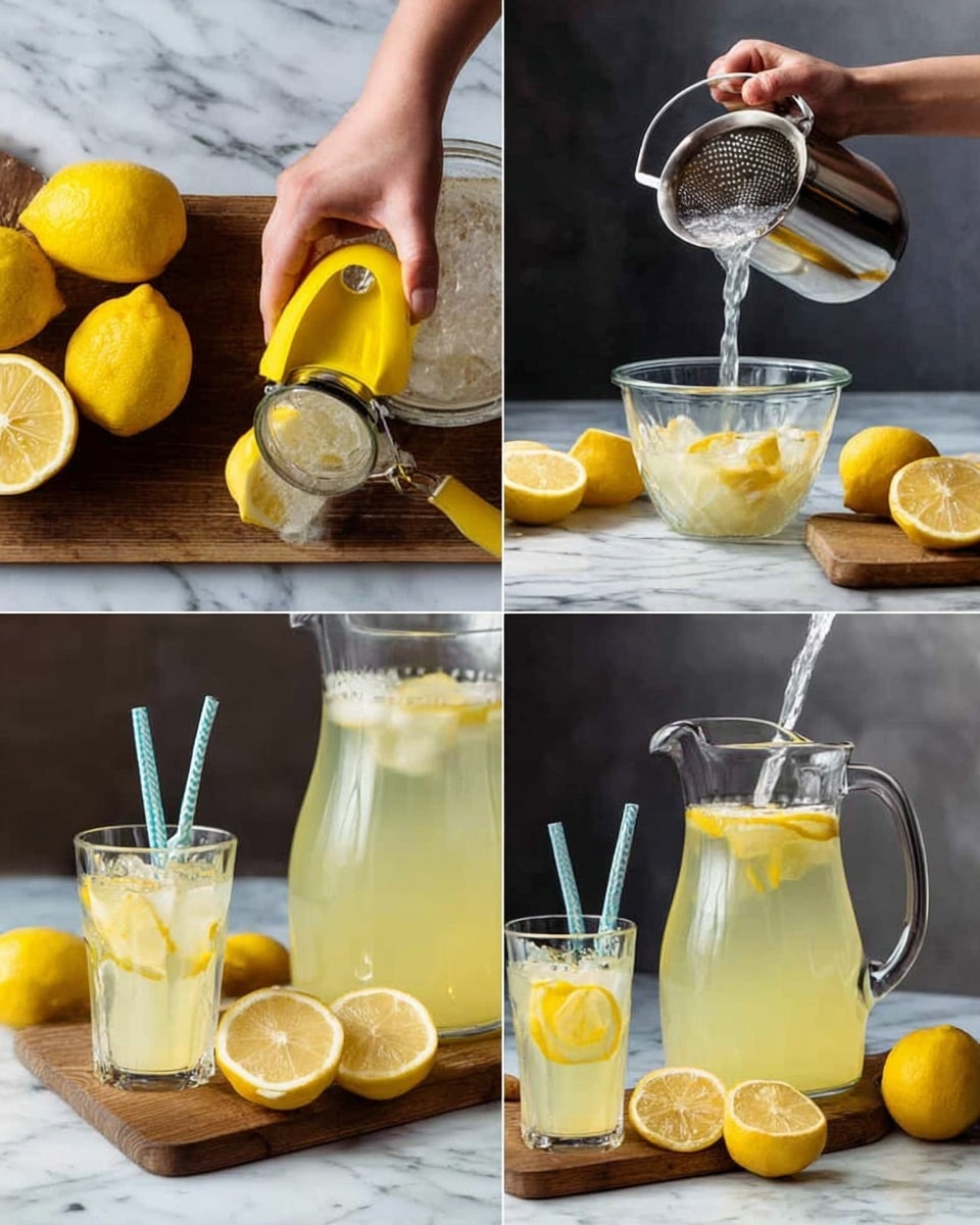 The image is divided into four parts showing the process of making lemonade. The first part shows a woman's hand holding a yellow lemon squeezer over a clear glass bowl on a wooden cutting board, with whole and cut yellow lemons arranged around it. The second part captures lemonade juice being poured through a metal strainer into a clear glass pitcher, set against a white marbled surface and wall. The third part shows hot water being poured from a silver pot into the same clear glass pitcher containing lemon juice, all on the white marbled surface. The fourth part shows the finished lemonade in two clear glasses with blue straws and lemon slices inside, next to a larger pitcher also filled with lemonade and lemon slices, all placed on the white marbled surface with whole lemons in the foreground. photo taken with an iphone --ar 4:5 --v 7