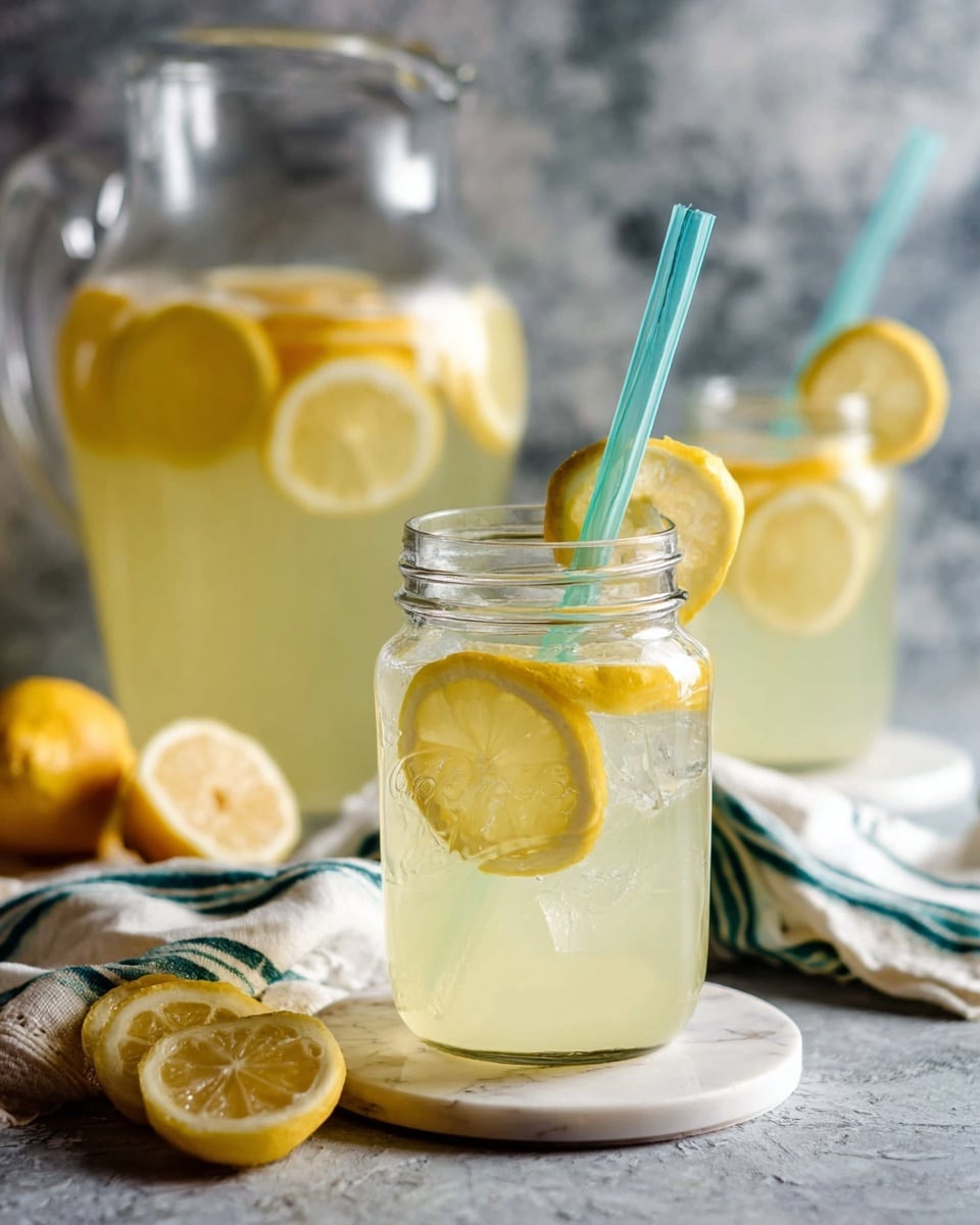 A clear glass jar filled with pale yellow lemonade, showing two round lemon slices inside the liquid, and one lemon slice hanging on the rim of the jar. A light blue twisted straw is placed inside the jar leaning outwards. Behind it, another similar jar with lemonade, lemon slices, and a straw can be seen slightly out of focus. To the left, a large glass pitcher filled with lemonade and lemon slices is visible. The jars and pitcher sit on round white marble coasters. In the foreground, some lemon wedges rest on the white marbled surface alongside a white cloth with blue and green stripes. The background has a soft grey textured look. Photo taken with an iphone --ar 4:5 --v 7