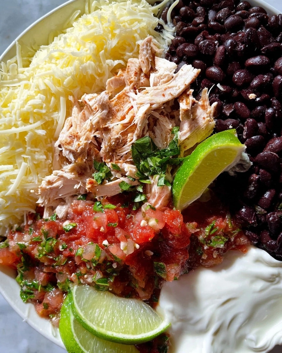 This image shows a white plate filled with five main layers. At the top left is a layer of shredded light yellow cheese with a soft texture. Next to it on the right is a dense pile of shiny black beans with smooth surfaces. In the middle, there is a layer of shredded pale pink chicken with some stringy textures, topped with a bright green lime wedge. Below the chicken is a chunky mix of red salsa containing small pieces of tomato and green herbs, also garnished with a lime wedge. Finally, on the right side, there is a smooth, white layer of sour cream with a lime wedge sitting on its edge. All food layers are arranged against a white marbled background. photo taken with an iphone --ar 4:5 --v 7