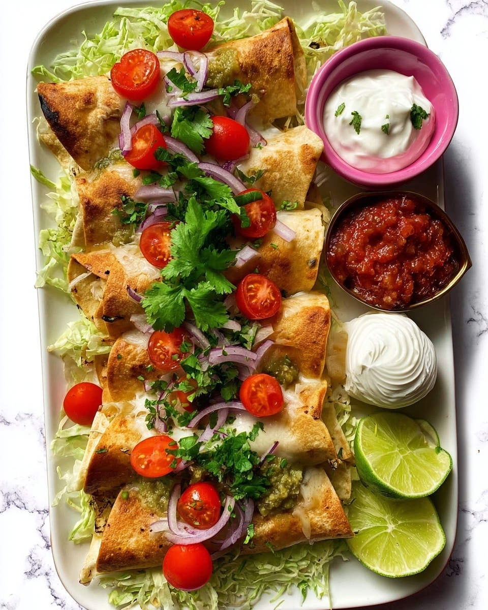 The dish shows six folded tortillas, lightly toasted with a golden-brown color, arranged neatly on a white rectangular plate. The tortillas sit on a bed of shredded pale green lettuce. On top, there's a layer of halved red cherry tomatoes and thin slices of purple onion, scattered evenly. Bright green cilantro leaves sit in the middle as a garnish. On the right side of the plate, there are two lime wedges, a small white bowl filled with chunky red salsa, and a small pink bowl holding a swirl of white cream. The background is a white marbled texture photo taken with an iphone --ar 4:5 --v 7