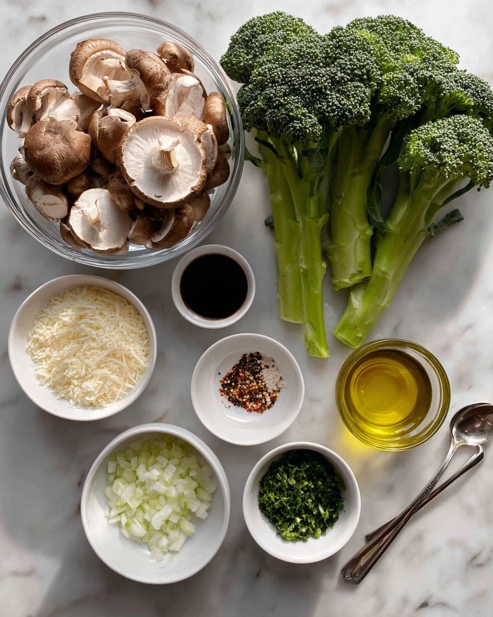 The image shows several fresh ingredients laid out on a white marbled surface. On the right, there are three whole green broccoli stalks with thick stems and full crowns. To the left of the broccoli, there is a large clear glass bowl full of sliced brown mushrooms with white gills visible. Below the mushrooms, there is a small white bowl filled with finely chopped shallots. Next to it, a white bowl contains a dark soy sauce. Below these, a white bowl holds grated white cheese or a similar ingredient. To the right of the cheese, a small white bowl has chopped green herbs. Below the herbs, a white bowl is filled with a mix of salt, pepper, and red pepper flakes. A spoon on the far right contains minced garlic, and below everything is a clear glass bowl filled with golden yellow oil. The arrangement is neat and well-lit, emphasizing the fresh textures and colors. photo taken with an iphone --ar 4:5 --v 7