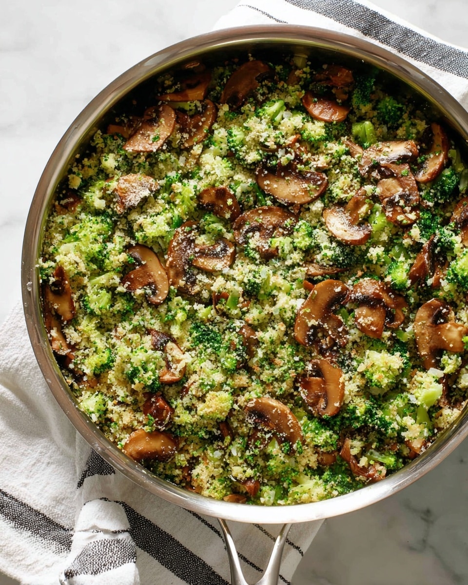A large silver pan filled with a sautéed mix showing two main layers: the base is finely chopped light green broccoli with a soft, crumbly texture, and scattered on top are medium brown mushroom slices with a slightly shiny surface, all mixed evenly throughout. The pan sits on a white cloth with thin black stripes, placed on a white marbled surface. photo taken with an iphone --ar 4:5 --v 7