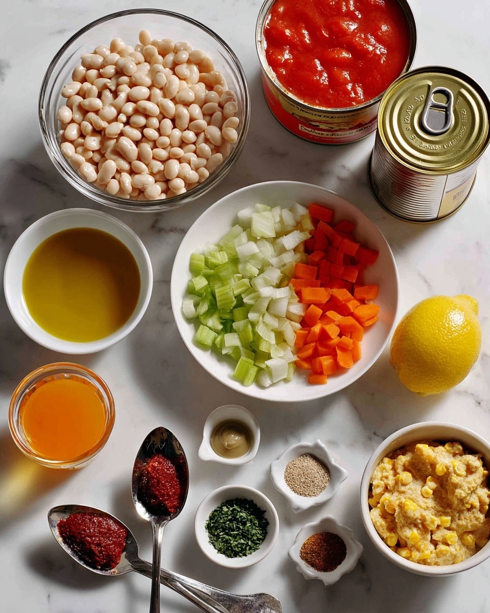 The image shows various ingredients on a white marbled surface, arranged neatly. There is one clear glass bowl on the top left filled with pale white beans, a white bowl on the middle left with three sections of chopped green celery, white onion, and bright orange carrots. On the middle right, there's a can without a lid filled with yellow corn, next to an open canned red tomato with a gold lid. To the right of these is a bright yellow lemon. On the bottom right, a round glass cup holds an orange liquid. Near the bottom left, a small white bowl has golden olive oil, and next to it is a tiny white bowl with chopped green herbs. There is also a small white bowl with different spices—red, black, brown, and white powders. Two silver spoons hold deep red paste and a beige paste, placed across from each other in the lower middle. The photo taken with an iphone --ar 4:5 --v 7