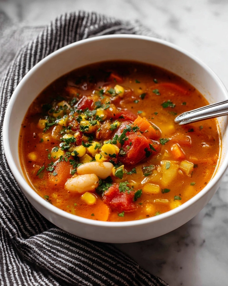 A white bowl filled with a bright reddish-orange soup with visible layers of soft white lima beans, yellow corn kernels, diced red and green bell peppers, and chunks of red tomatoes, all mixed in a smooth broth. The soup has small bits of green herbs sprinkled on top, adding a fresh touch. A silver spoon is partially dipped in the soup, resting on the edge of the bowl. The bowl sits on a white marbled surface next to a folded white cloth with thin black stripes. photo taken with an iphone --ar 4:5 --v 7