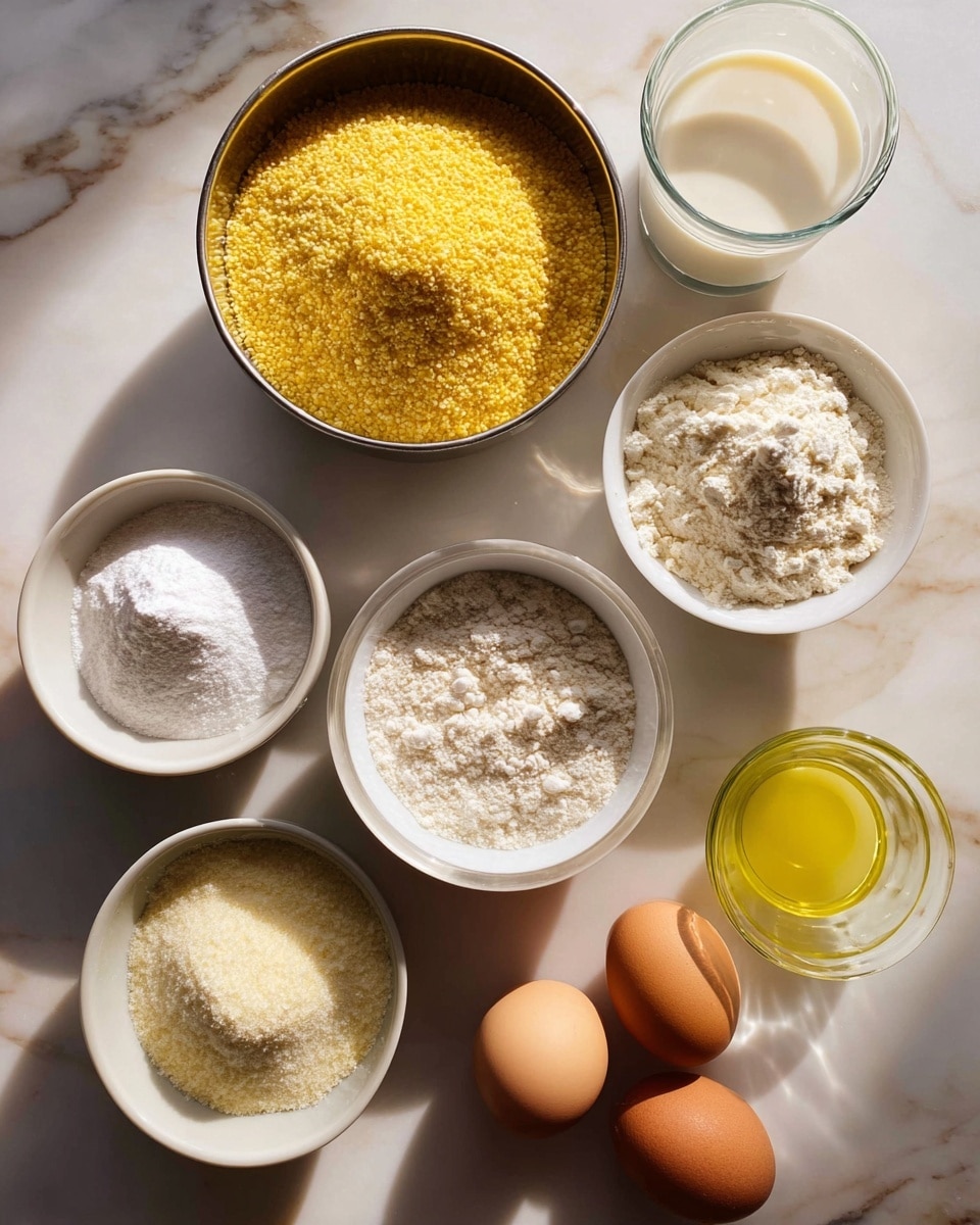 The image shows a collection of baking ingredients arranged neatly on a white marbled surface. At the top center, a round metal bowl holds bright yellow cornmeal with a grainy texture. To the right, a clear glass contains a light cream liquid, likely milk. Below the cornmeal, a large metal bowl is filled with fine white flour, slightly heaped in the middle. To the left of the flour, two white bowls hold granulated sugar and white baking powders or salt, each with a fine texture. At the bottom center, a smaller white bowl contains a pale yellow liquid, probably oil. Next to it on the lower right side is a glass cup with melted butter, showing a smooth yellow liquid with some solid bits floating. On the right side at the bottom, two whole brown eggs rest directly on the surface. Everything is lit softly, emphasizing the colors and textures clearly. photo taken with an iphone --ar 4:5 --v 7