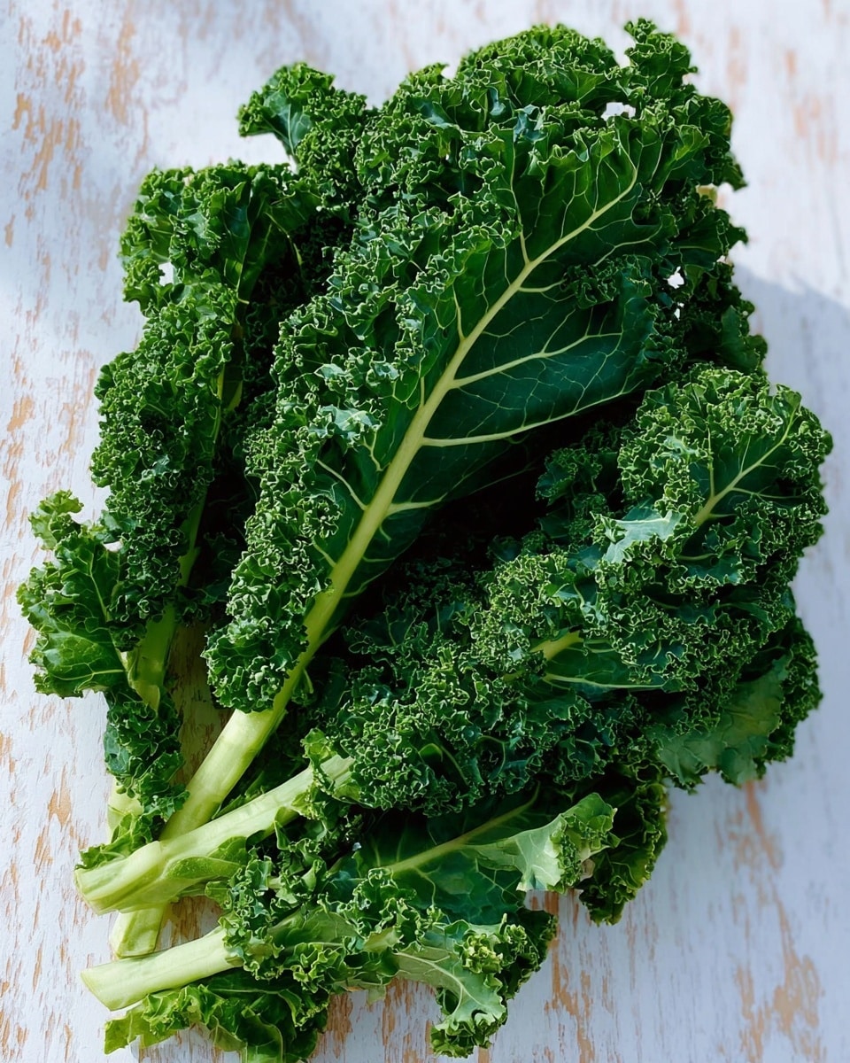 A fresh bunch of curly kale with rich, dark green leaves featuring detailed, ruffled edges and light green veins, the stems are a lighter green and thick, all arranged naturally on a white marbled surface that enhances the vivid green colors of the kale. photo taken with an iphone --ar 4:5 --v 7