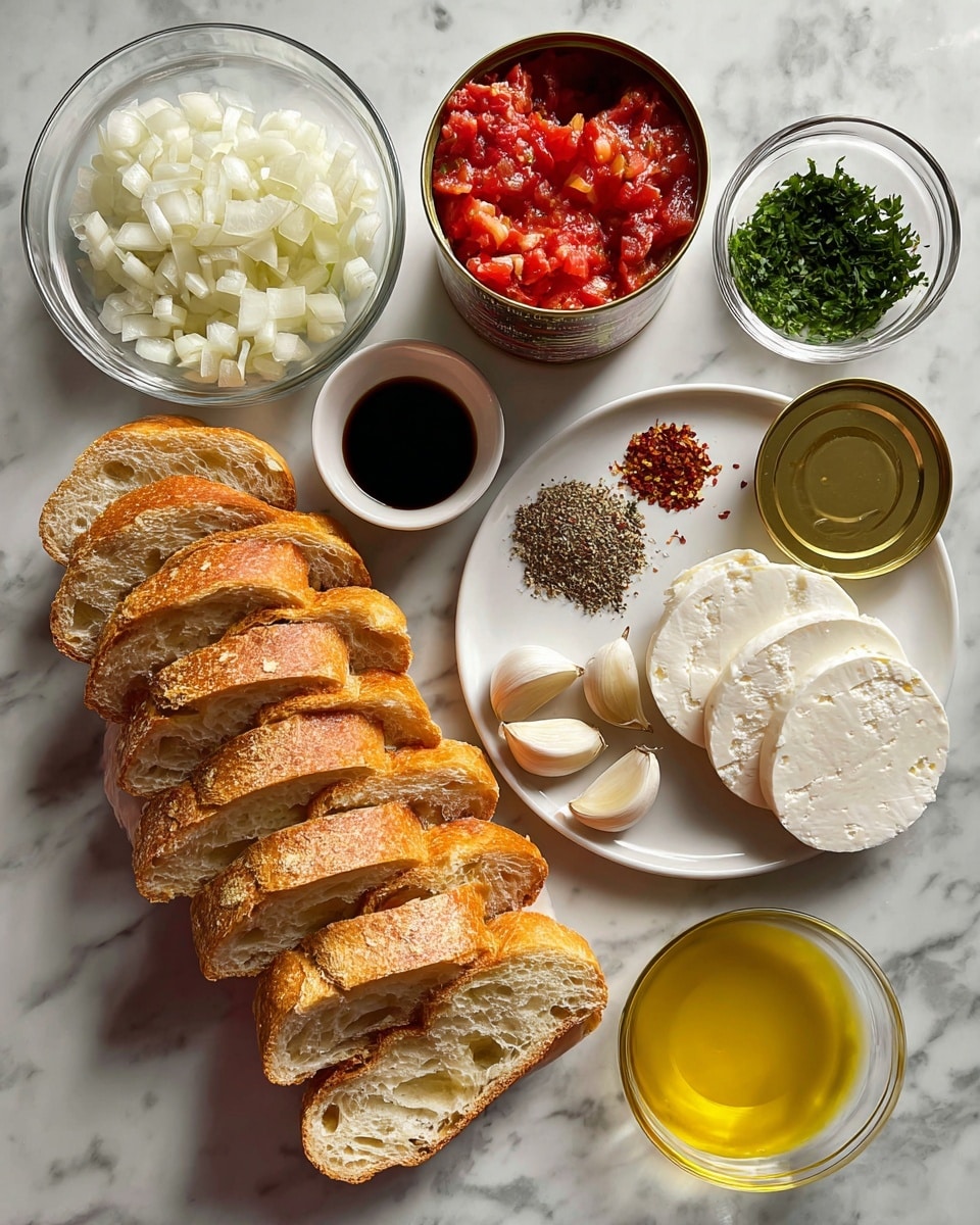 The image shows a row of sliced golden-brown bread arranged diagonally from bottom left to top right on a white marbled surface. To the left, there is a small clear glass bowl filled with finely chopped white onions. To the right of the bread, an open can displays bright red diced tomatoes with a shiny golden lid placed beside it. Below the can, a small white cup holds dark balsamic vinegar, near it are three peeled garlic cloves. Below the onions and bread, a white plate holds several round slices of soft white cheese, spread evenly. Next to the plate, a small clear bowl contains a mix of coarse salt, black pepper, red chili flakes, and dry herbs. Above the plate, a small white cup is filled with green chopped fresh herbs. To the far right, a clear glass bowl holds a rich yellow olive oil. The whole layout is neat on a white marbled surface. photo taken with an iphone --ar 4:5 --v 7
