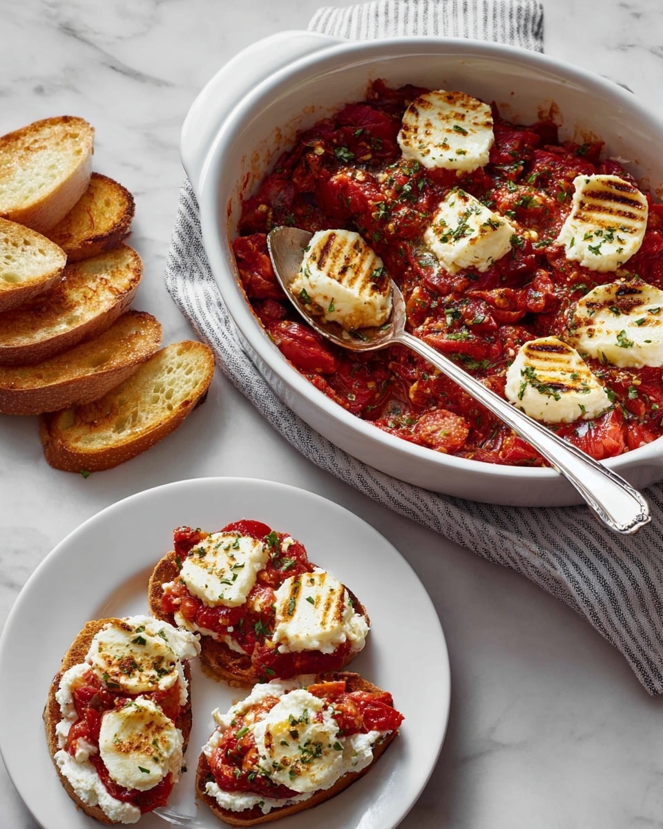The image shows a white dish filled with a cooked mix of chunky red tomatoes with small bits of green herbs sprinkled on top, and round white slices of soft cheese with light brown grill marks placed evenly over the tomato layer. A shiny silver spoon rests inside the dish. Next to the dish on a white marbled surface, there are several slices of lightly toasted bread stacked and scattered. Below the main dish, a white plate holds three pieces of bread topped with layers: a bottom layer of toasted bread, a thick spread of white cheese, a chunky layer of red tomato, and a slice of grilled cheese on top. A striped cloth is partially visible under the dish. photo taken with an iphone --ar 4:5 --v 7