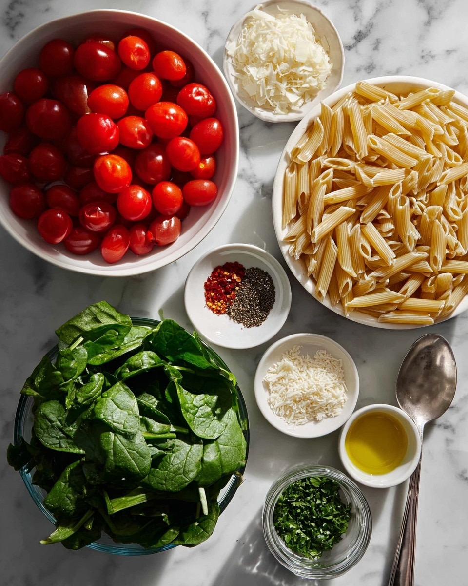 The image shows several white bowls and small white containers arranged on a white marbled surface. There is one large white bowl filled with bright red cherry tomatoes, another large clear bowl filled with fresh green spinach leaves, and a third large white bowl filled with uncooked pale yellow penne pasta. Smaller white dishes hold a mix of salt, black pepper, and red chili flakes, and grated white cheese. Nearby there is a small white container with finely chopped green herbs, a small white bowl with golden olive oil, and a silver spoon with a pale creamy mixture, arranged neatly and bright in natural light. photo taken with an iphone --ar 4:5 --v 7