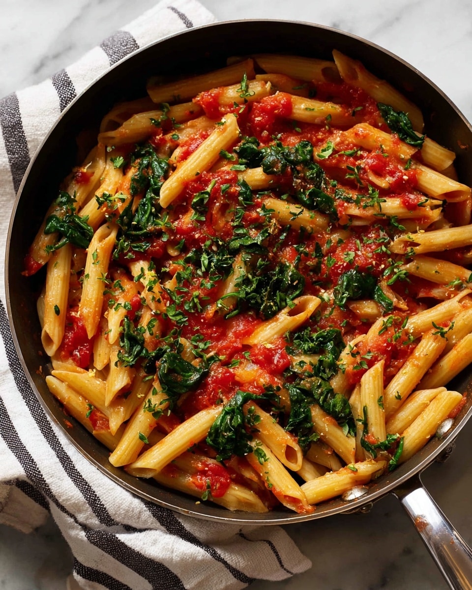 A round black pan holds a colorful penne pasta dish with three main layers: the first layer is golden tan pasta tubes, the second layer is a bright red tomato sauce mixed evenly through the pasta, and the third layer shows dark green spinach leaves and small bits of finely chopped herbs sprinkled on top. The pan rests on a white and black striped cloth, which is on a white marbled surface. photo taken with an iphone --ar 4:5 --v 7