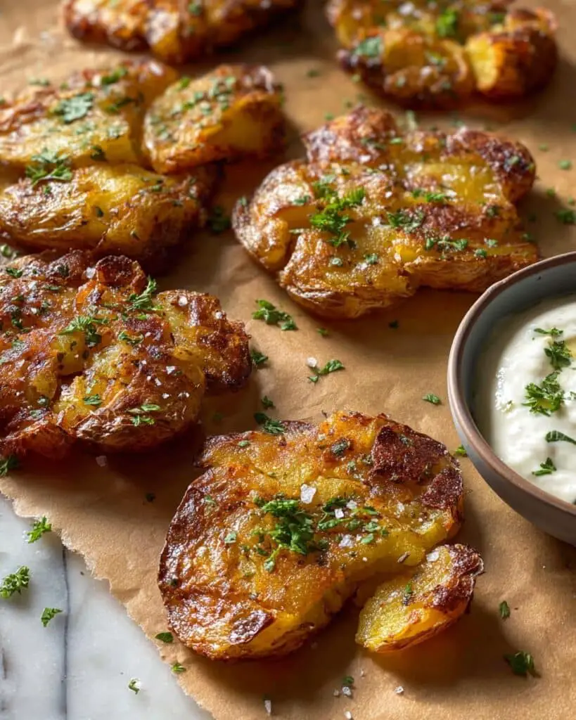 Smashed Potatoes with Lemon & Garlic Dip Recipe