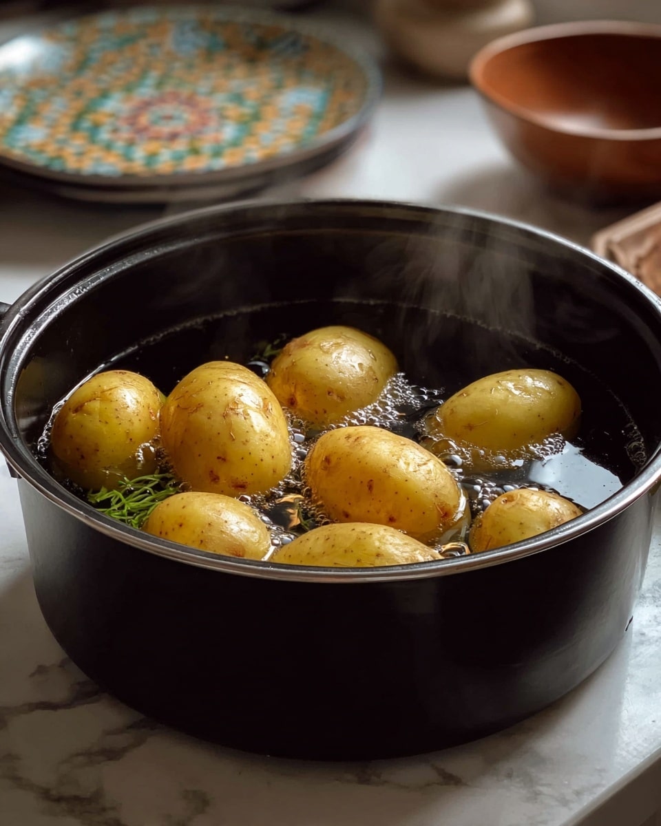 A close-up of a golden-brown fried snack held by a woman's hand showing a bite taken out, garnished with small green herb pieces, with more of these crispy snacks spread on parchment paper below. The snacks have a textured, crispy surface with visible browned spots and scattered green herbs. A small white bowl with creamy white dip topped with ground black pepper sits in the middle, and a soft textured tan cloth and part of a clay pot appear in the out-of-focus white marbled background. Photo taken with an iphone --ar 4:5 --v 7