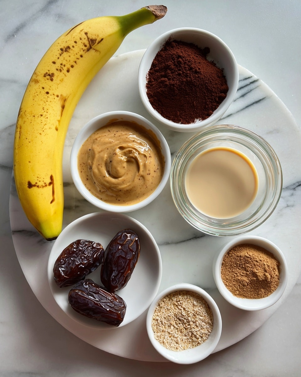 A white marbled surface holds six small white bowls and a whole yellow banana arranged in two rows; the top row has a bowl filled with dark brown cocoa powder on the left, a bowl with light brown creamy peanut butter in the middle, and a clear glass bowl with creamy beige liquid on the right; the bottom row has a white bowl with two dark brown dates in the center, and a smaller white bowl with a light brown powder on the right, while the yellow banana with a few brown spots lies on the left side of the bowls. photo taken with an iphone --ar 4:5 --v 7
