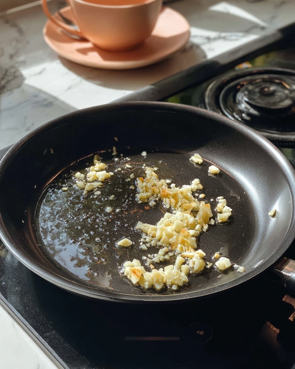 A black pan with a slightly shiny and smooth surface holds small pieces of light yellow minced garlic scattered unevenly across the pan’s center with a few browned edges, all sizzling gently in a thin layer of clear cooking oil that glistens under the light; steam rises slightly from the garlic, showing it is hot. The pan sits on a black electric stove with visible controls, and in the background, a soft peach-colored cup with a matching saucer sits on a white marbled surface that catches some natural light. Photo taken with an iphone --ar 4:5 --v 7