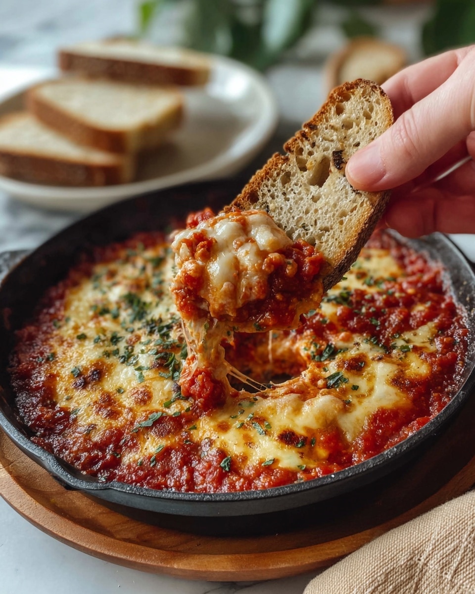 The dish is a single-layer pan of baked cheese with tomato sauce underneath, topped with melted, bubbly golden-brown cheese with small browned spots evenly spread across the top. In the center, there are three fresh green basil leaves. The pan is light blue with a handle, placed on a wooden board over a white marbled surface. To the side, part of a white plate with two toasted slices of bread and a copper-toned fork are visible. A soft beige and red-striped cloth is beneath the pan. Photo taken with an iphone --ar 4:5 --v 7