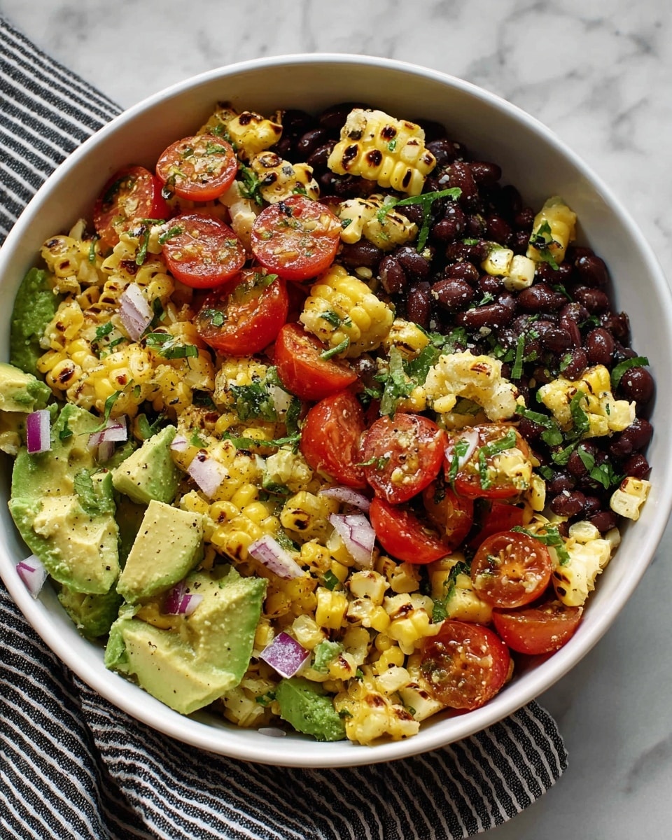 A white bowl filled with a colorful salad on a white marbled surface with a black and white striped cloth beside it. The salad has four main layers: chunks of bright green avocado, sliced red cherry tomatoes, black beans with a shiny dark texture, and golden grilled corn with some char marks, mixed evenly. Small bits of chopped red onion and fresh green herbs are scattered throughout, adding texture and brightness. The dish looks fresh and vibrant with a mix of smooth, soft, and slightly crispy textures. Photo taken with an iphone --ar 4:5 --v 7