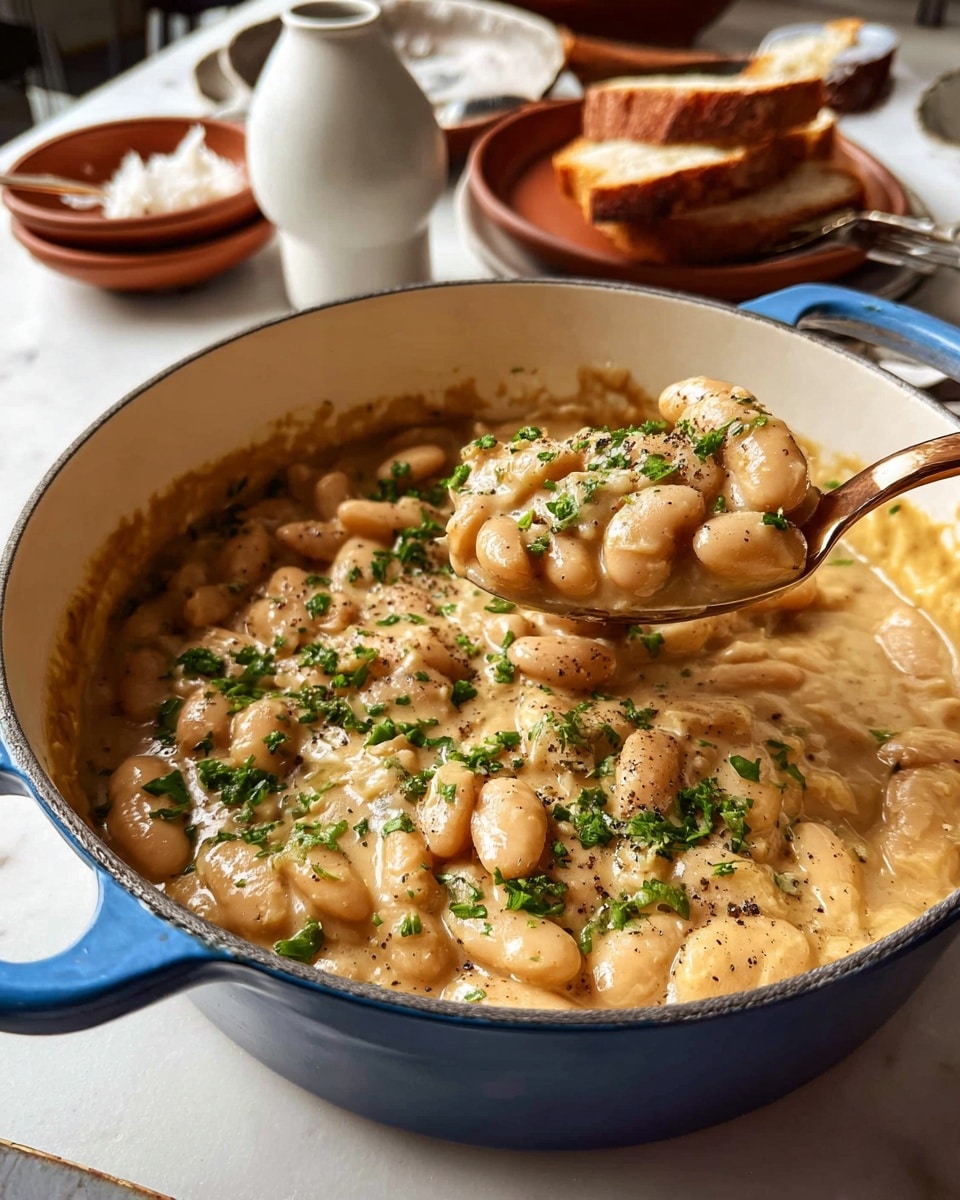Inside a white pot with blue handles, there is a thick layer of cooked beans in a brown sauce. The beans are soft and glossy, with some green herb bits sprinkled on top. The pot sits on a white marbled surface with a light beige cloth partially under it. Around the pot, small bowls with herbs and other ingredients are partly visible. The photo was taken with an iphone --ar 4:5 --v 7