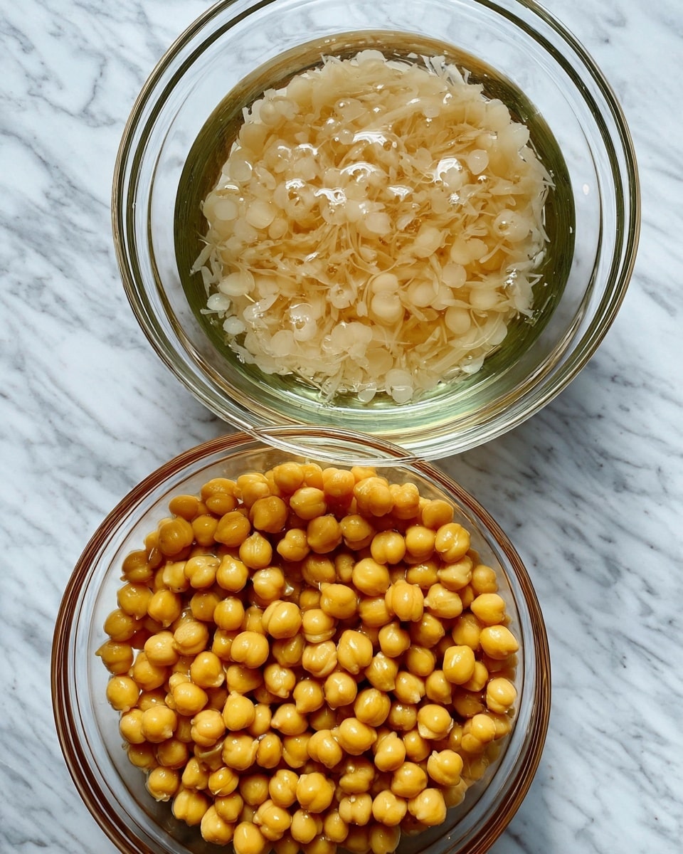 Two glass bowls are placed on a white marbled surface. The top bowl contains translucent, pale beige soaked lentils submerged in clear water, showing their soft and smooth texture. The bottom bowl holds golden-yellow chickpeas that appear firm and round, filling the bowl almost to the brim. Both bowls have a clear, reflective surface and are filled to different levels, creating a simple, clean contrast between the soaked lentils above and the dry chickpeas below. photo taken with an iphone --ar 4:5 --v 7