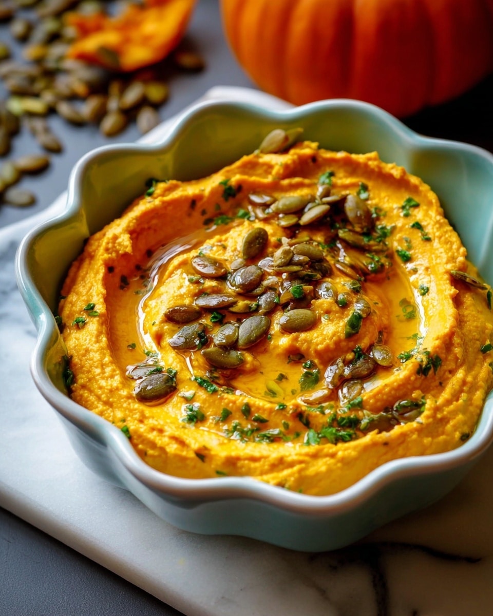 A close-up of a bowl filled with smooth, bright orange hummus that has been swirled in a spiral pattern, creating soft, curved ridges. The hummus is topped with a drizzle of golden olive oil pooling in the center and scattered with roasted pumpkin seeds and small green herb pieces. The white bowl has a slightly wavy edge and is placed on a white marbled surface. In the background, part of an orange pumpkin is visible, adding autumn vibes to the scene. photo taken with an iphone --ar 4:5 --v 7
