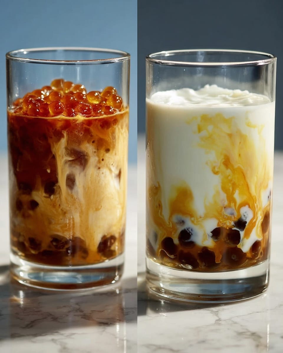 A clear tall glass filled with a creamy light brown bubble tea drink, showing three distinct layers: dark brown tapioca pearls settled at the bottom, a thicker dark brown syrup layer below the pearls, and the main light brown milky tea layer filling the rest of the glass. A clear straw is inserted into the drink, and a woman's hand is holding the glass from the side. The glass sits on a white marbled surface. photo taken with an iphone --ar 4:5 --v 7