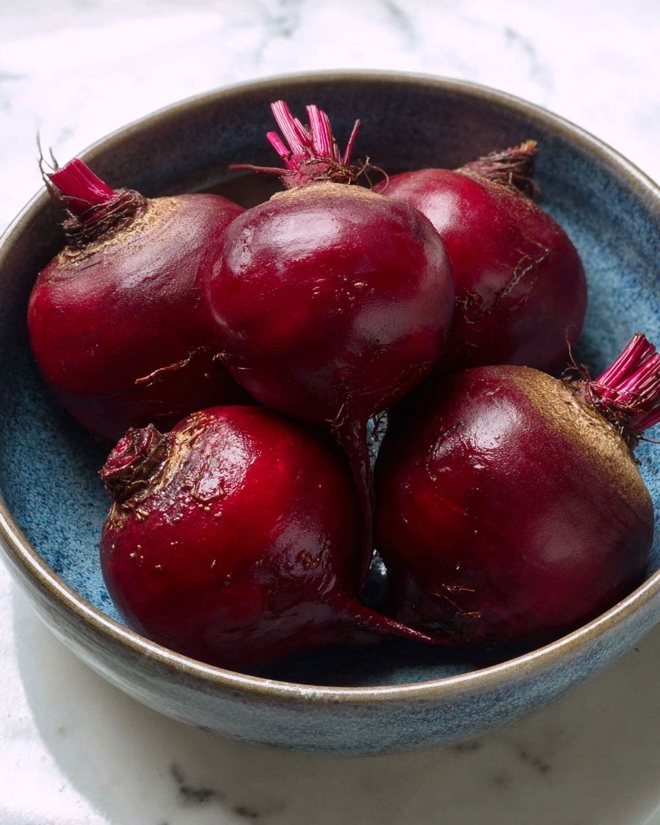 A rustic blue bowl filled with five small, round beets with deep red-purple shiny skin and small root hairs, showing slight natural blemishes, placed on a white marbled surface. The beets have a rough texture and each has a short, stubby stem on top. photo taken with an iphone --ar 4:5 --v 7